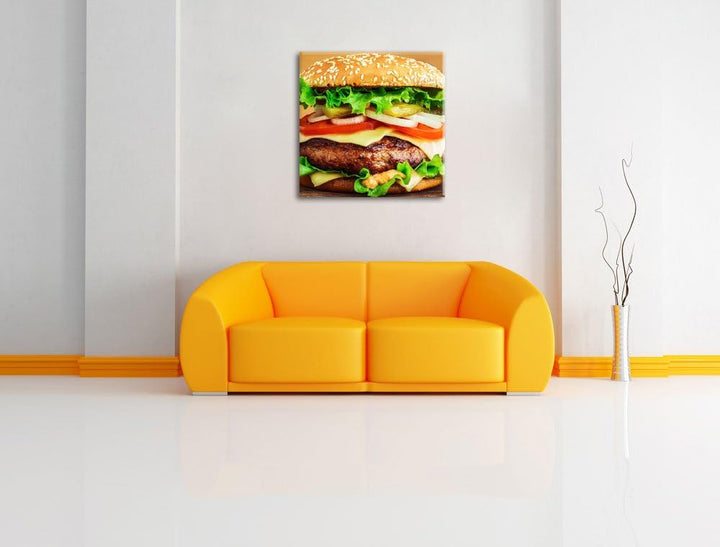 Pixxprint Köstlicher Burger auf Holztisch, Format: 70x70 auf Leinwand, 70x70