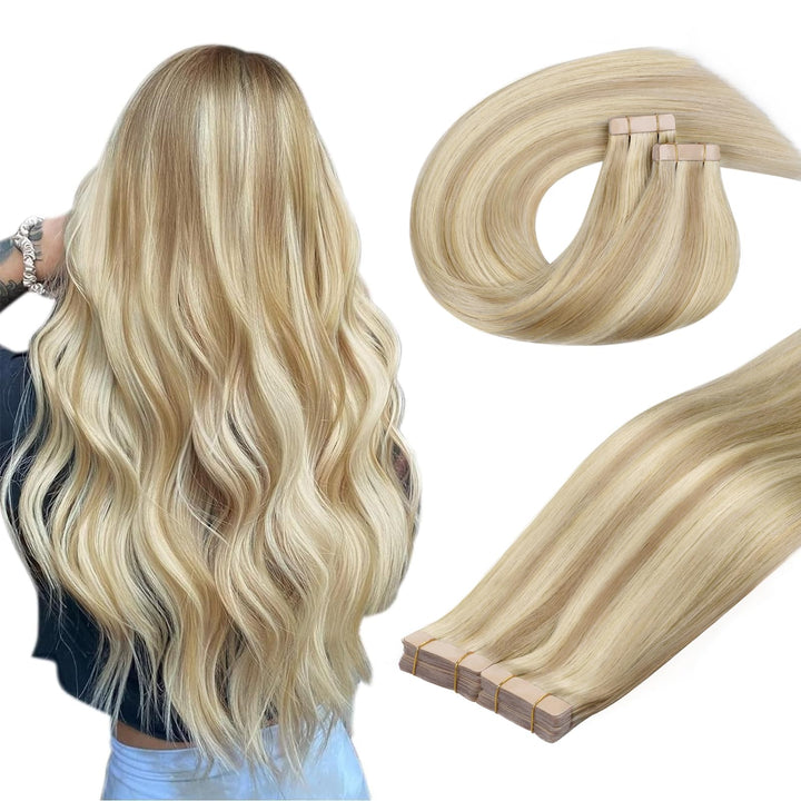 DOORES Extensions Echthaar Tape in, Dunkelblond Hervorgehobenes Bleichblond 35cm (14zoll) 100g 40pcs