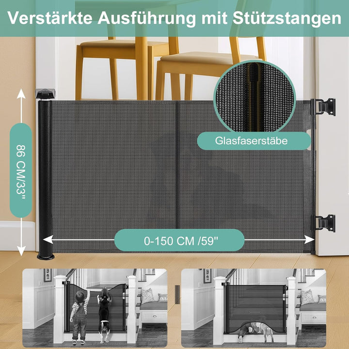 Treppenschutzgitter Ausziehbar für Babys, ausziehbar bis zu 150 cm breites Netz, Treppenschutzgitter