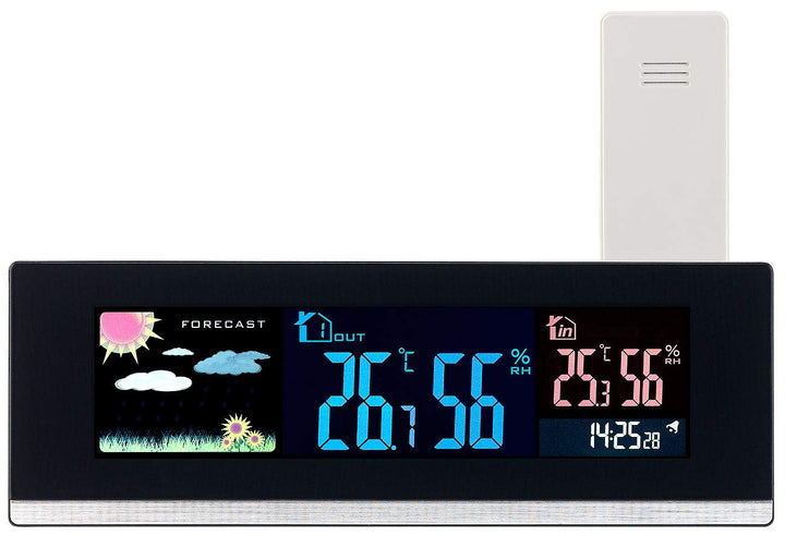 infactory Tisch Funkwecker: Tisch-Wetterstation, Funk-Aussensensor, Farb-LCD-Display, USB-Ladeport (