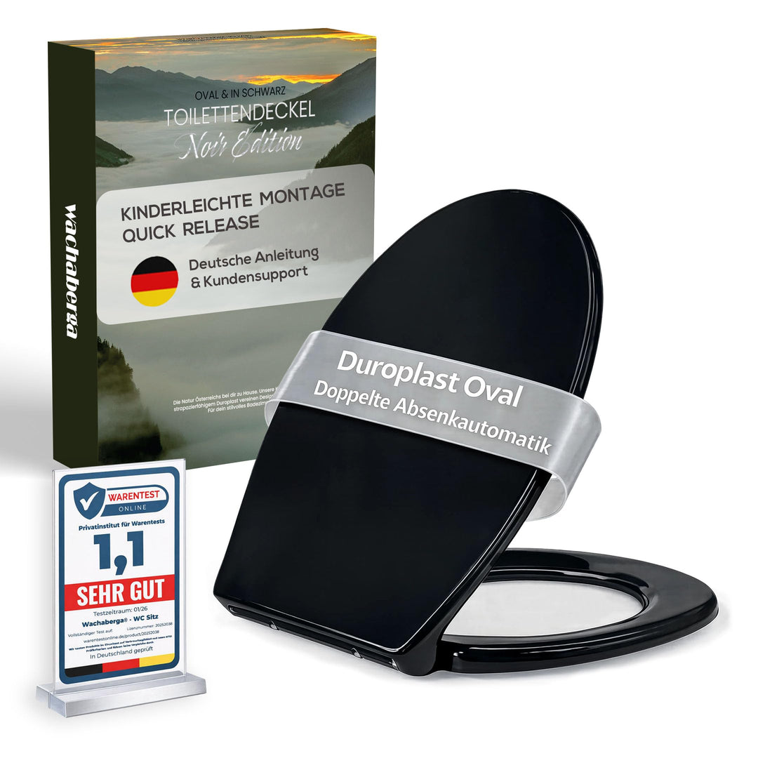 Toilettendeckel schwarz mit Absenkautomatik, WC Sitz Oval Duroplast mit Softclose, stabilen Edelstah