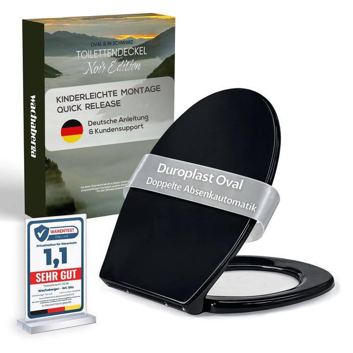 Toilettendeckel schwarz mit Absenkautomatik, WC Sitz Oval Duroplast mit Softclose, stabilen Edelstah