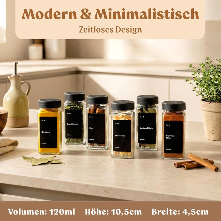 EDELHAUS Gewürzgläser Eckig Set mit Plastikdeckel (24 x 120ml) Gewürzstreuer mit Streueinsatz und 24