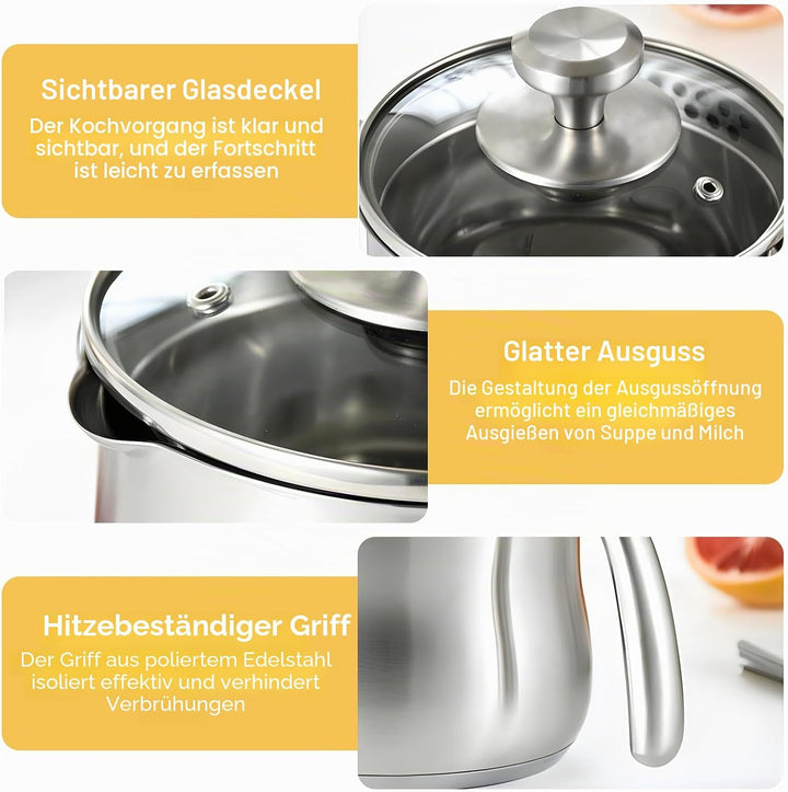 2 Liter Milchtopf, ø16 Edelstahltopf Mit Rutschfestem Edelstahlgriff, 14cm Hoher EdelstahlMilchtopf