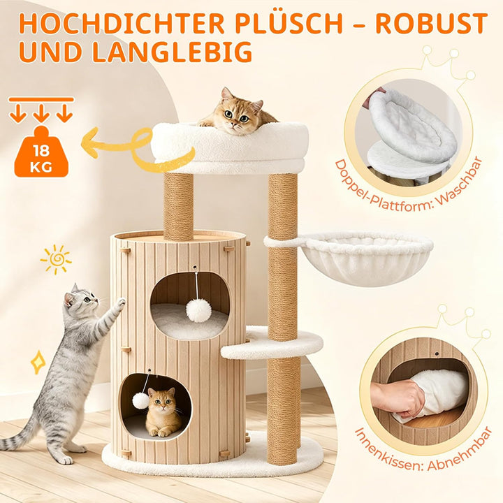 Premium kratzbaum mit 2er Kratztonne, Katzenbaum＆Grosse Plattformen | Sisalstämme, Kratzrampe, Katze