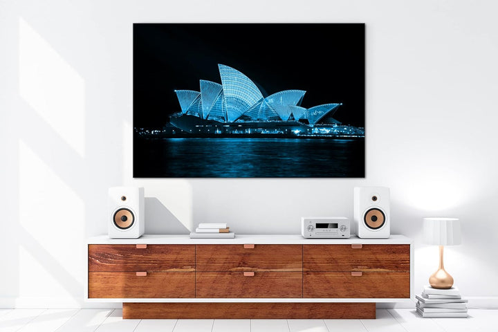 deyoli Dark Opera House in Sydney Format 80x60 Effekt: Monocrome Blau als Leinwandbild, Motiv fertig