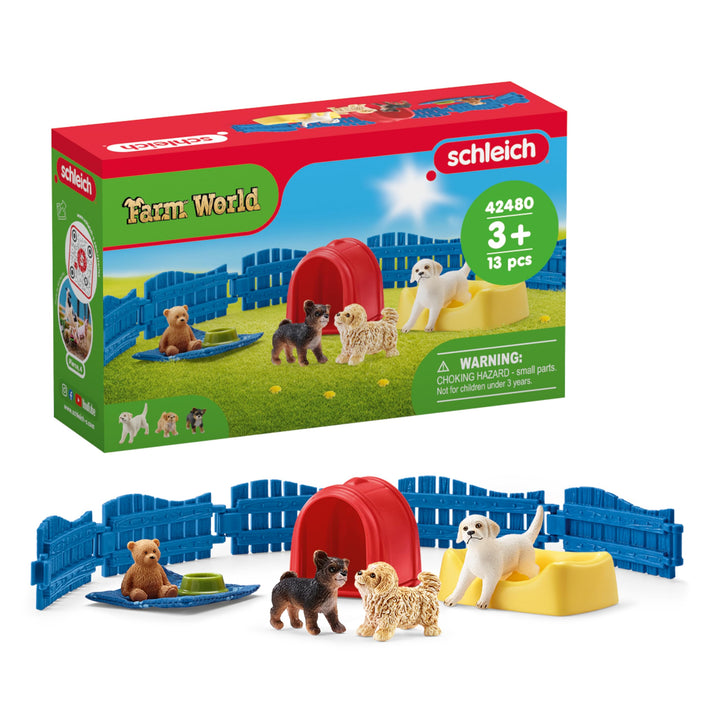 SCHLEICH Farm World | Welpenstube 42480 Tiere Set mit 3 Welpen, Zaun & Zubehör | Bauernhof Spielset