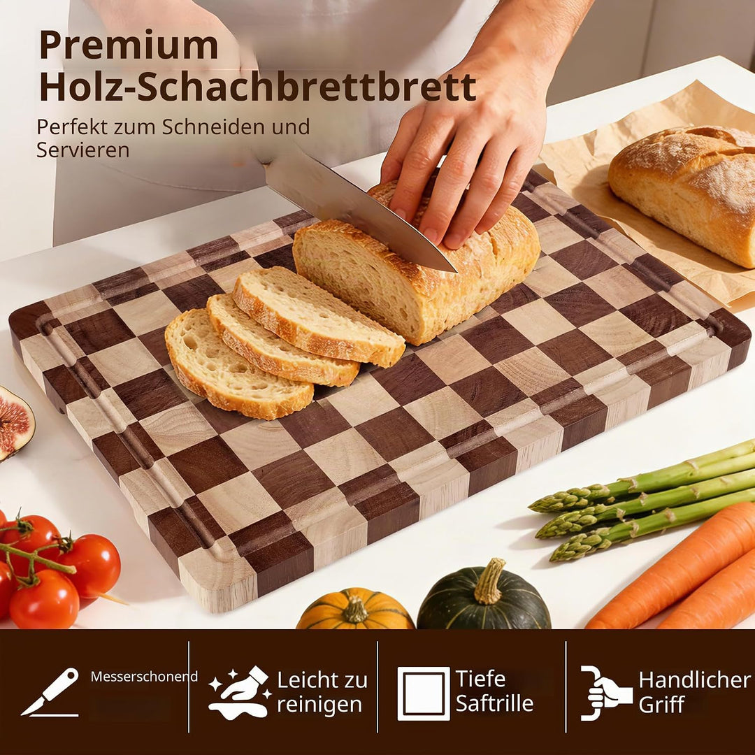Schneidebrett-Set 2-teilig – Kariertes Holz- &amp; Acryl-Schneidebrett mit Arbeitsplatten-Lippe, Holz-Sc
