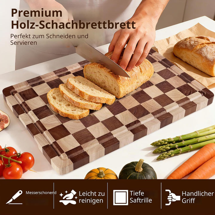 Schneidebrett-Set 2-teilig – Kariertes Holz- &amp; Acryl-Schneidebrett mit Arbeitsplatten-Lippe, Holz-Sc