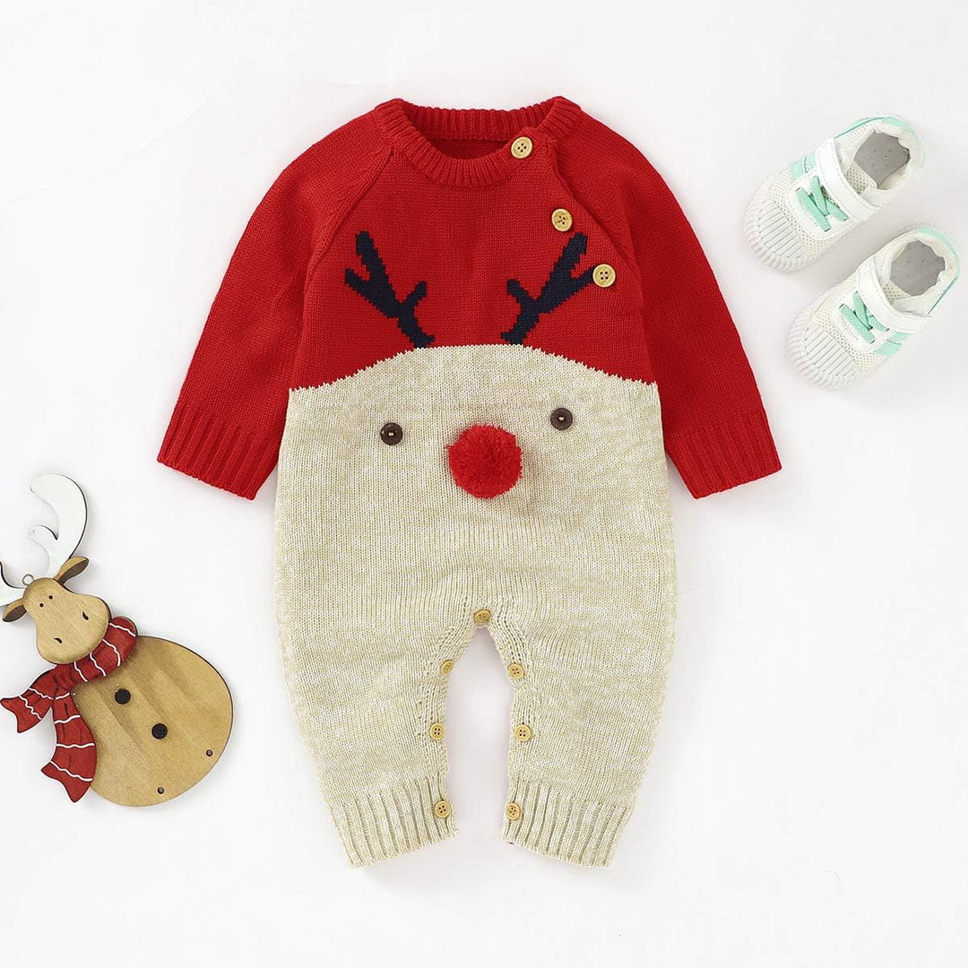 Neugeborenes Baby Mädchen Jungen Weihnachten Outfit Langarm Strick Strampler Overall Rentier Print B