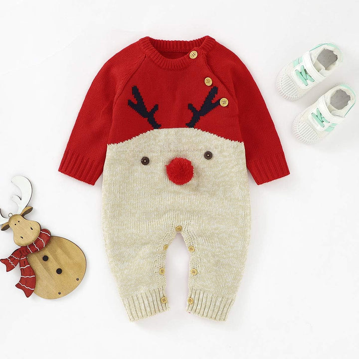 Neugeborenes Baby Mädchen Jungen Weihnachten Outfit Langarm Strick Strampler Overall Rentier Print B