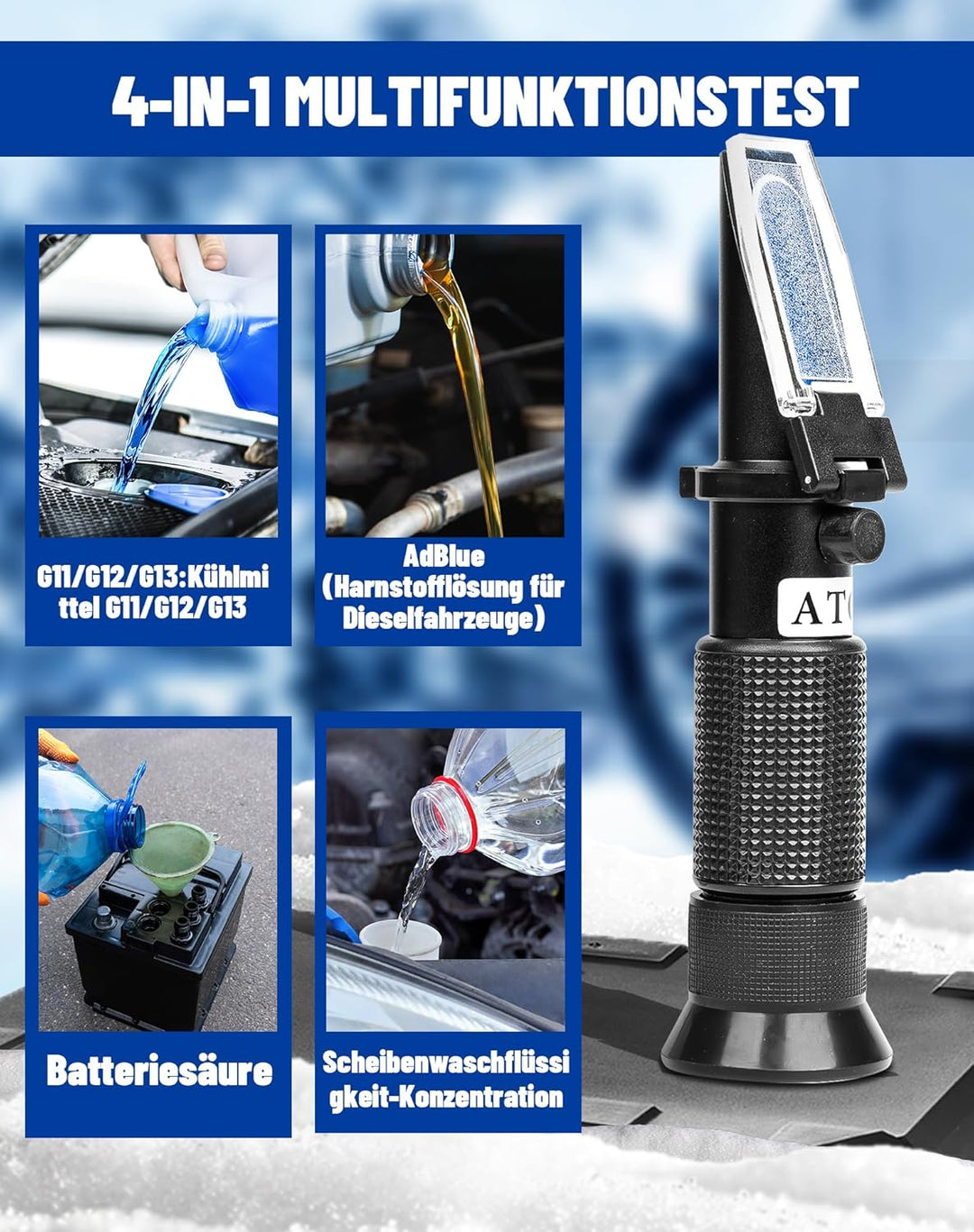 4-in-1 Frostschutz Refraktometer mit ATC, Kühlmitteltester für Ethylenglykol (G11 G12) Propylenglyko