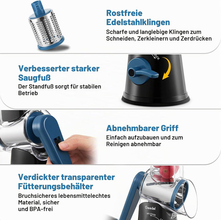 Geedel Käsereibe, Reibe für Gemüse, Gemüseschneider Trommelreibe mit kurbel | 5 Edelstahlklingen, 12