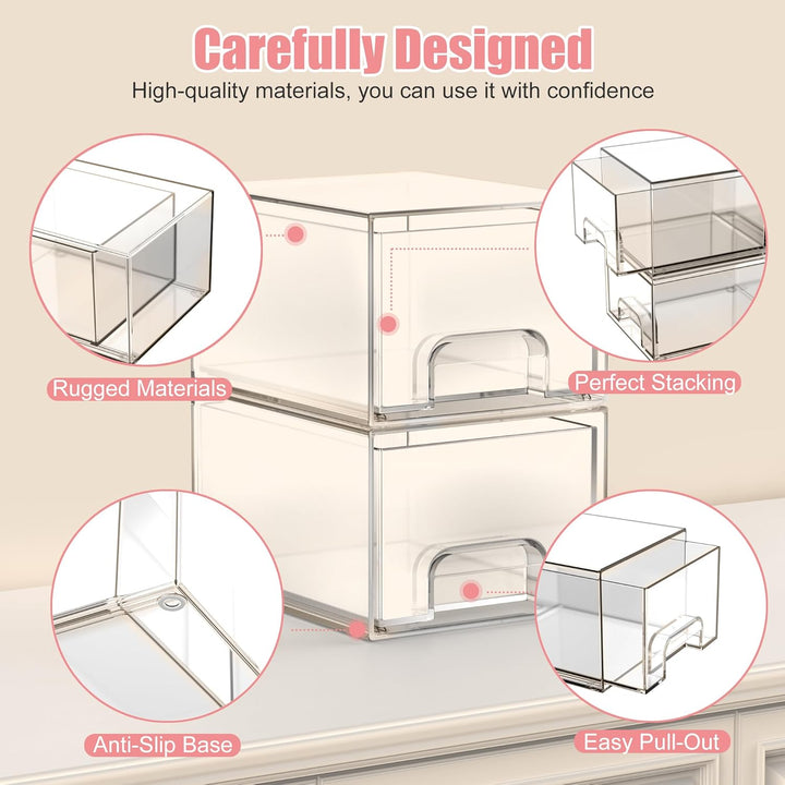 4 Stück Badschrank Organizer Box, Stackable Acryl Aufbewahrungsbox Schublade mit 32 rutschfeste Matt