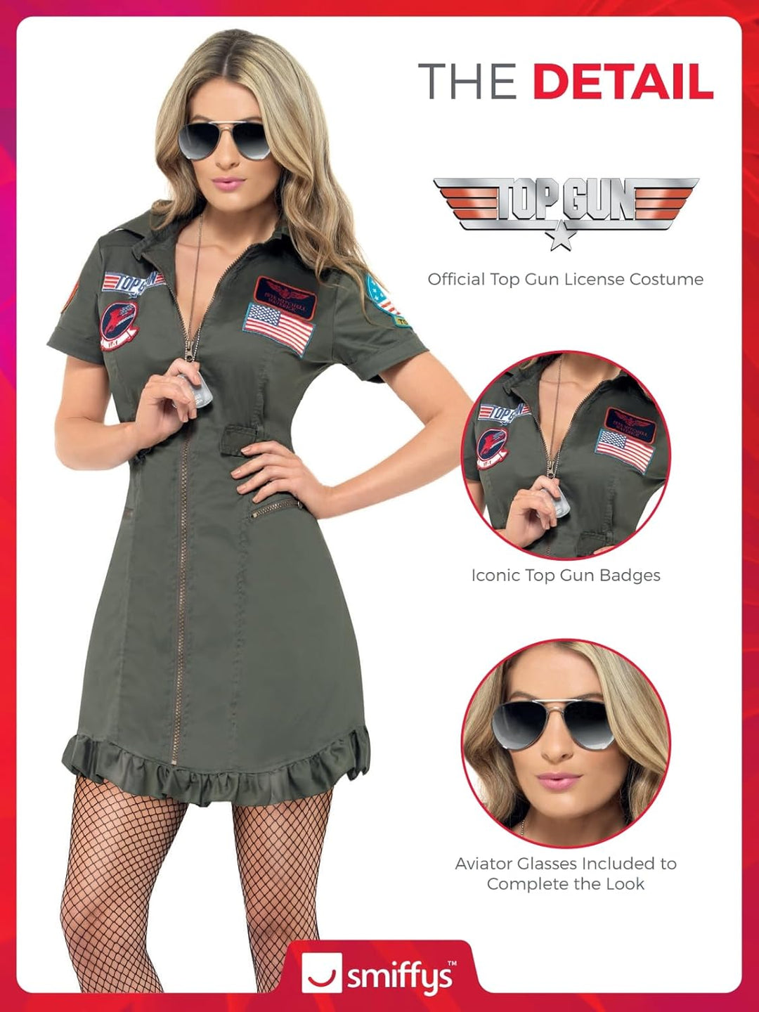 Smiffys, Sexy Damen Top Gun Deluxe-Kostüm, Kleid und Sonnenbrille, Top Gun, Grösse: L, 26854, M