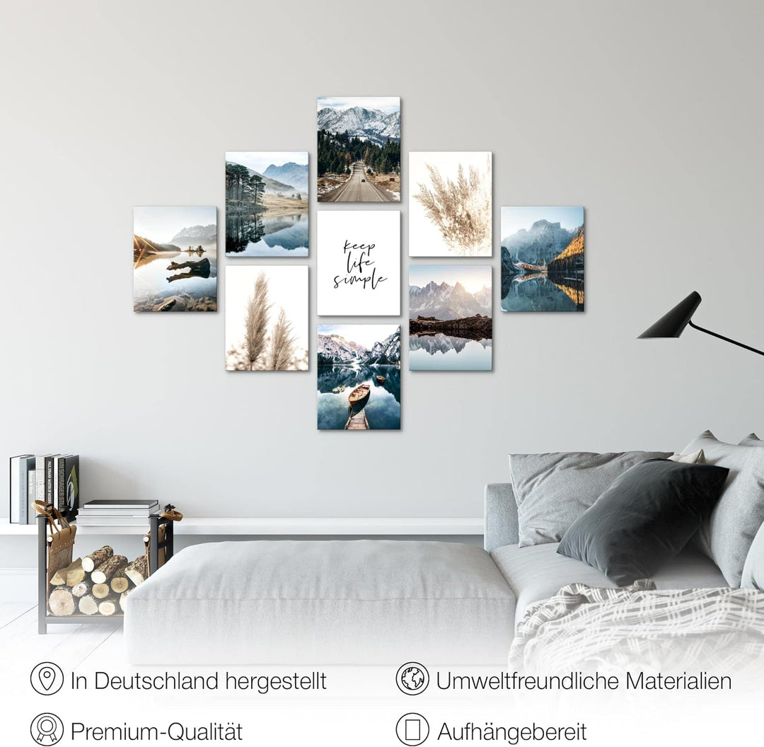 Novart Wandbilder Natur - KOMPLETT AUFHÄNGFERTIG - See Berge Wohnzimmer Schlafzimmer- 9 Moderne Mood