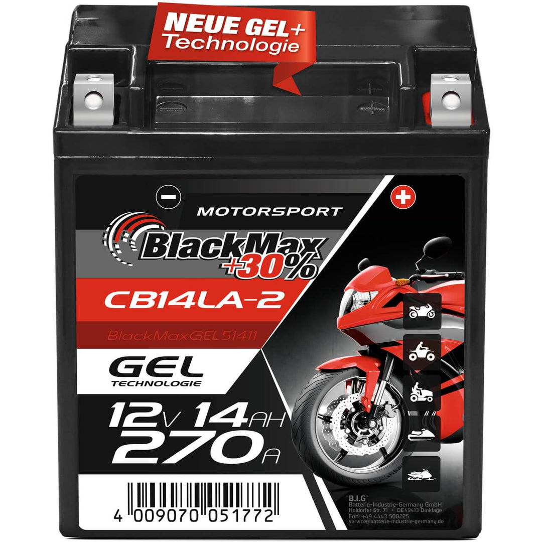 BlackMax YB14L-A2 GEL Motorradbatterie 12V 14Ah Batterie 51411 12N14-3A FB14L-A2 14Ah - 230A - YB14L
