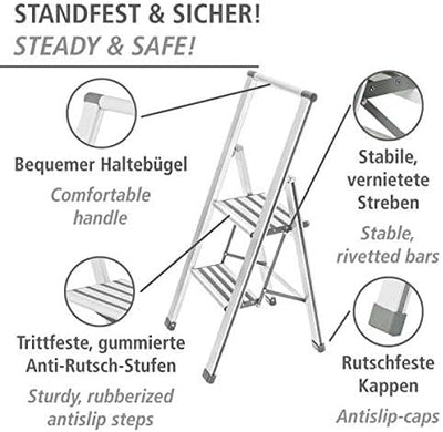 WENKO Leichte Aluminium Trittleiter mit 2 Stufen für 50 cm höheren Stand, rutschsichere XXL-Stufen,