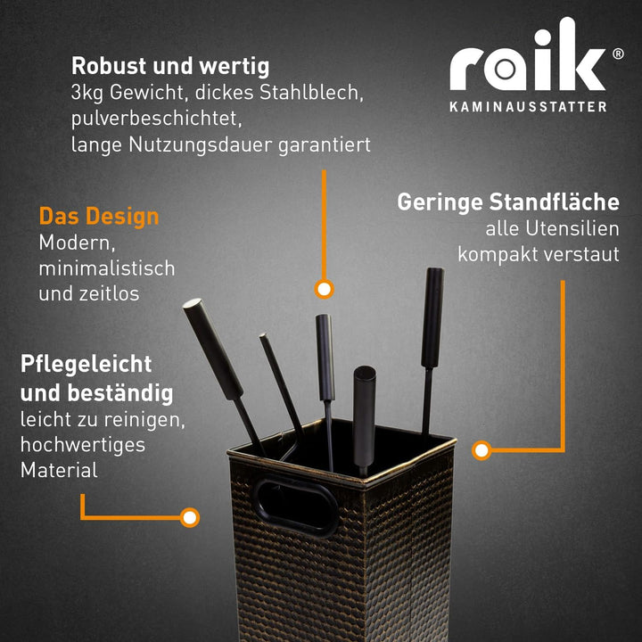raik Kaminbesteck Oskar 5-teilig mit Schürhaken Kaminschaufel Kaminbesen Holzzange und Halter Stahl