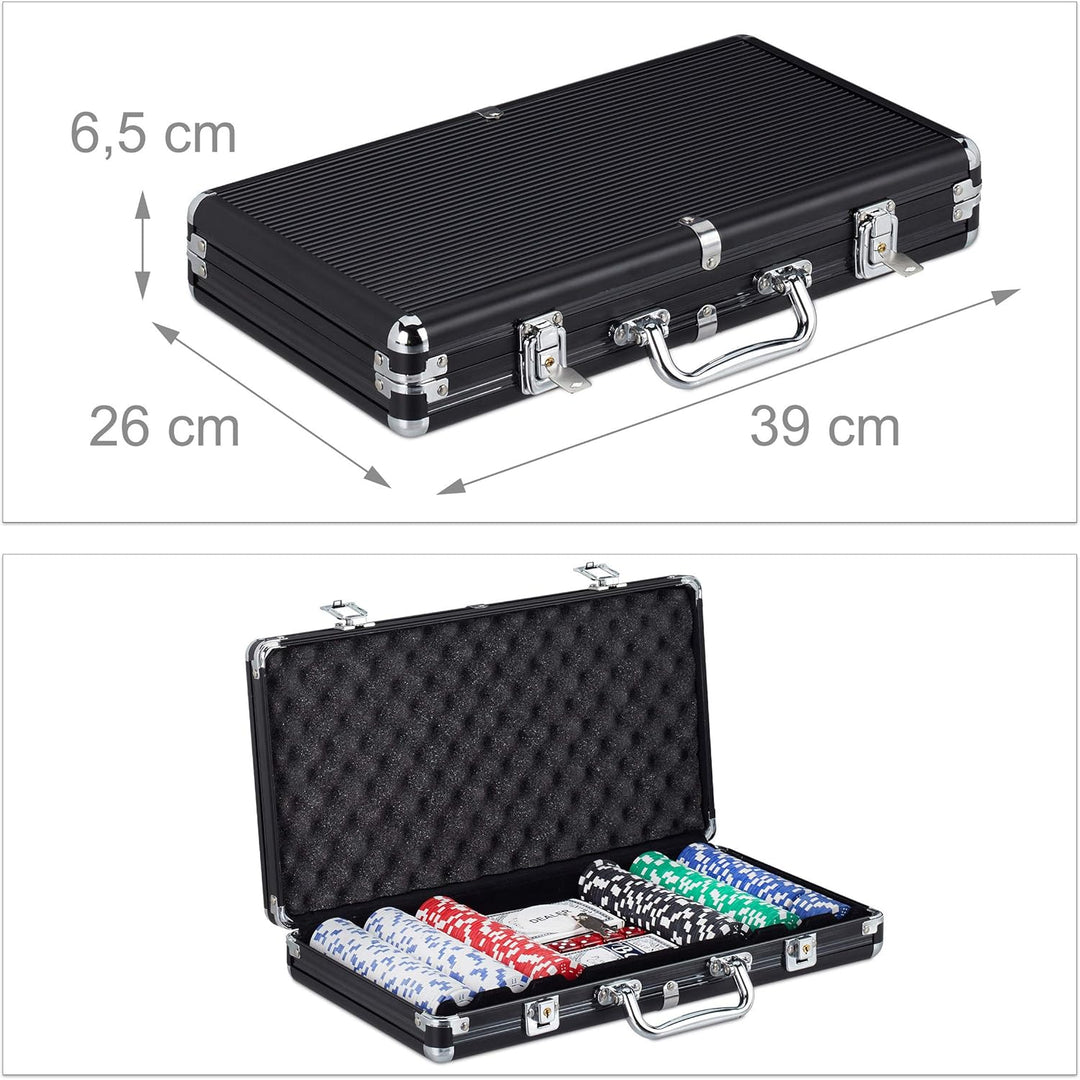 Relaxdays Pokerkoffer, 300 Pokerchips ohne Wert, 2 Kartendecks, 5 Würfel, Dealerbutton, abschliessba