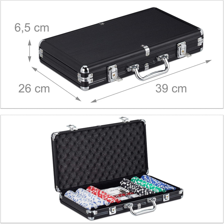 Relaxdays Pokerkoffer, 300 Pokerchips ohne Wert, 2 Kartendecks, 5 Würfel, Dealerbutton, abschliessba