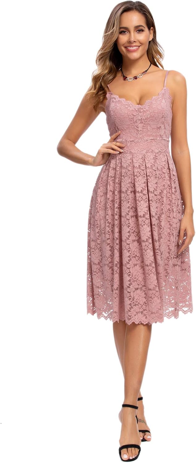 Atnlewhi Damen Vintage ärmellosen V-Ausschnitt A-Linie Kleid Blumen Knielang Spitzenkleid Brautjungf