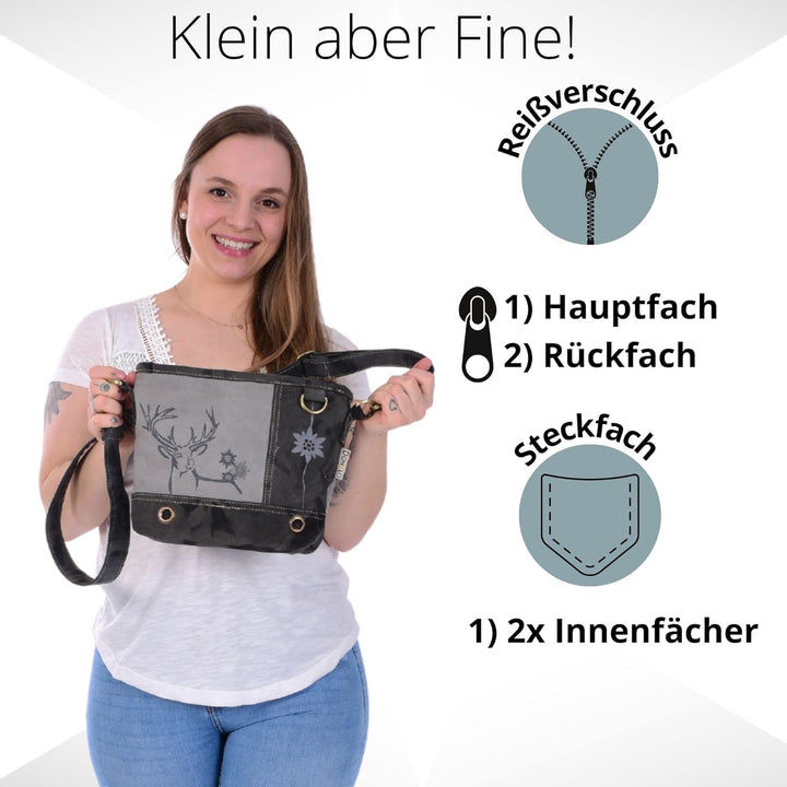 Domelo Damen Trachtentasche. Umhängetasche mit Hirsch &amp; Edelweiss Aufdruck. Graue Crossover Bag in V