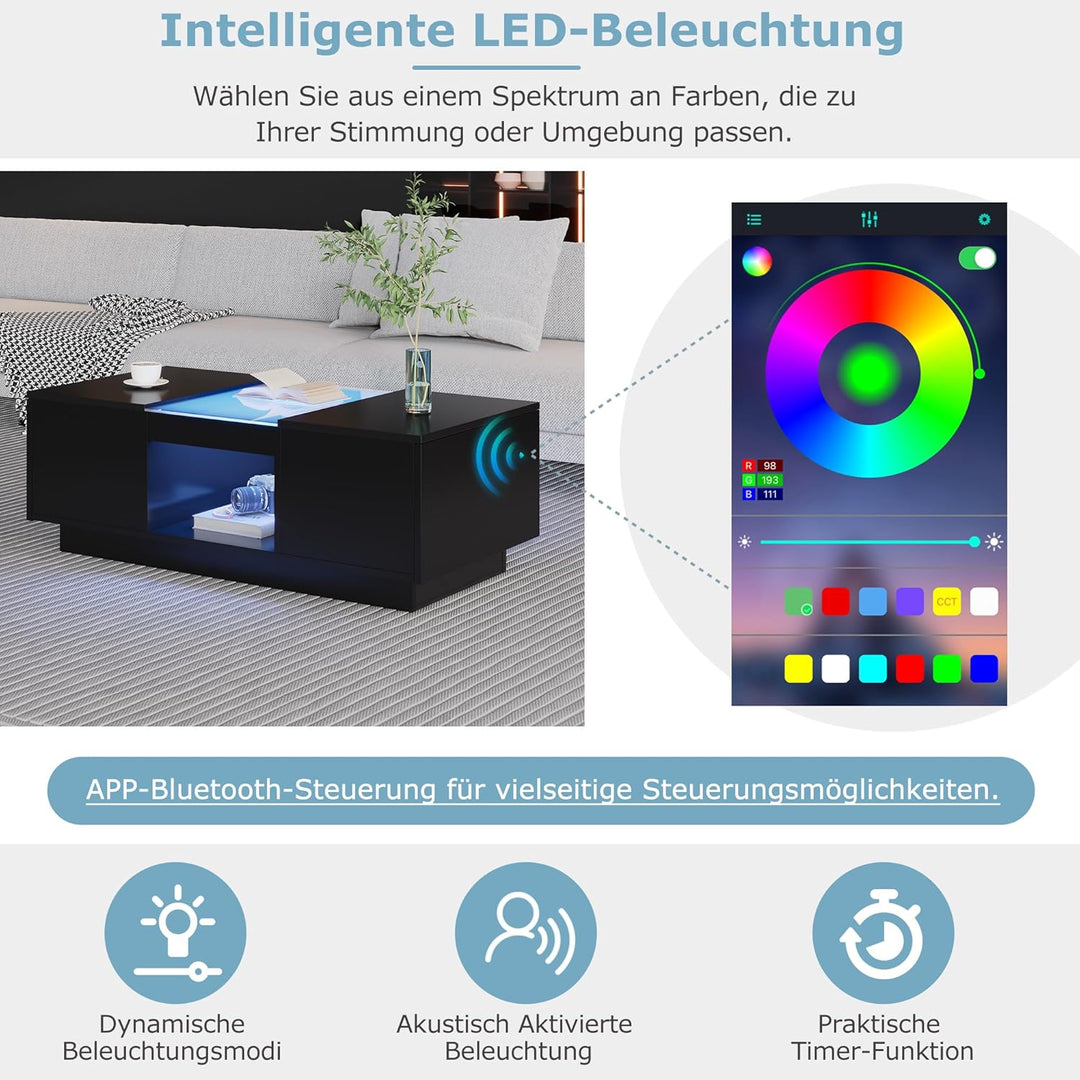 Merax Couchtisch LED Hochglanz, Mitteltisch Teetisch für Wohnzimmer, Schwarz Wohnzimmertisch mit 2 S