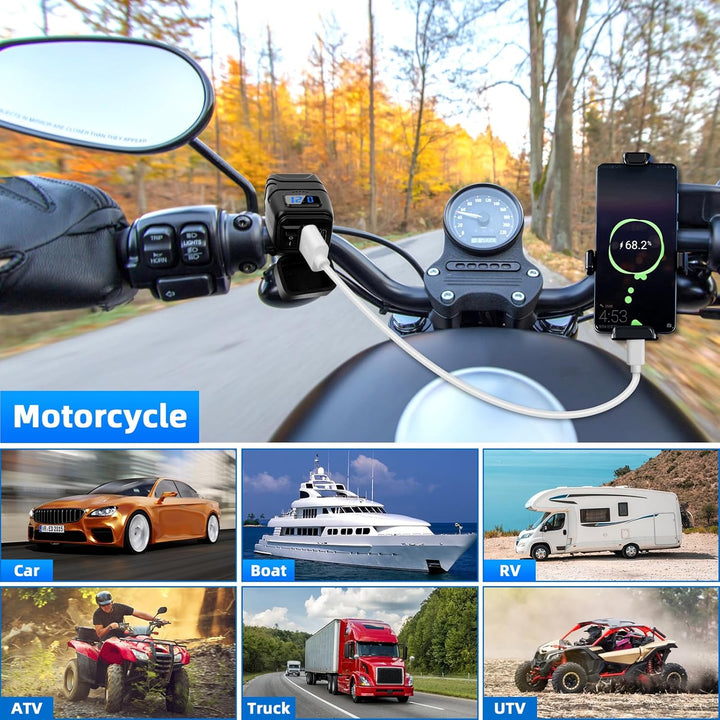 USB Steckdose Motorrad & Wohnmobil - PD Type-C & USB Ladegerät mit EIN-/Ausschalter und LED-Spannung