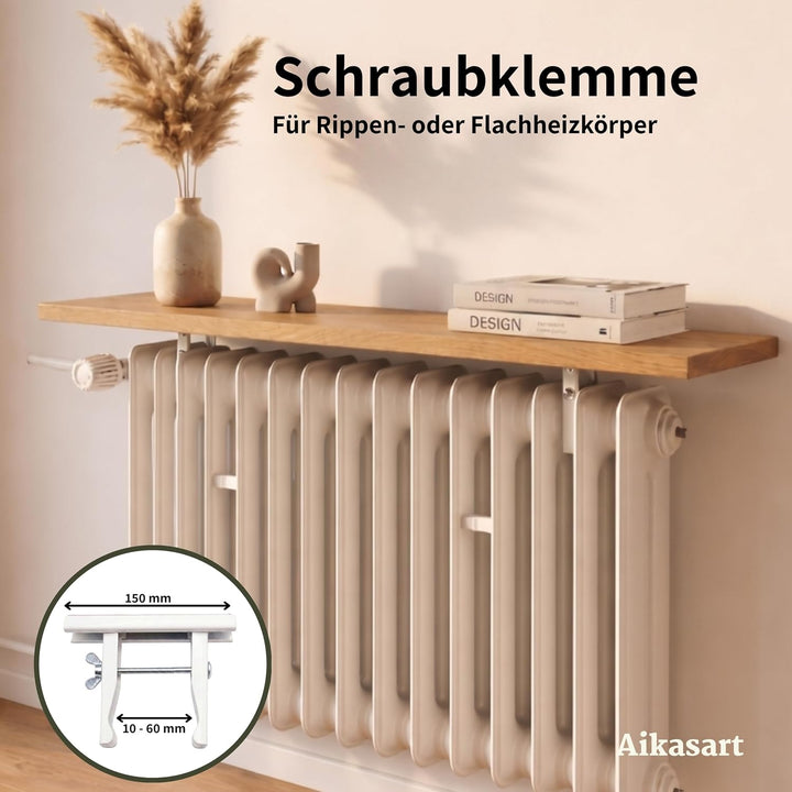 Heizungsregal Eiche Massiv – Ohne Bohren – Individuelle Länge 30-190 cm – Zum Aufstecken – Handgefer