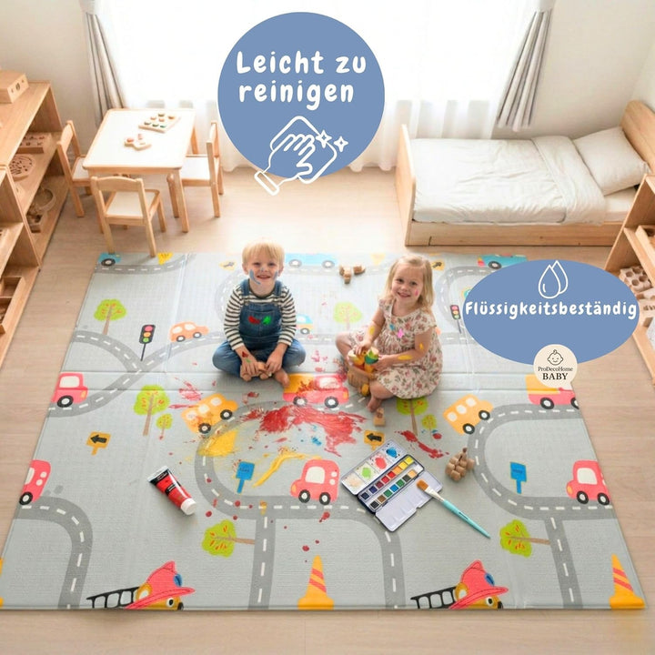 Krabbelmatte Baby, faltbar, doppelseitig, 150x180cm Dinosaurier und Autos | Kinder Spieldecke, Rutsc