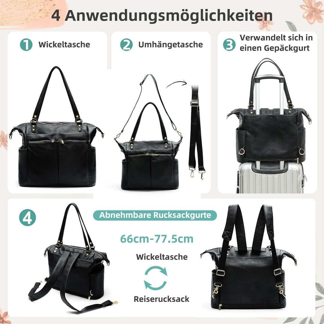 MISS FONG Wickelrucksack Wickeltasche Leder, Baby Rucksack Wickelrucksack Grosse Kapazität Mit 13 Wi