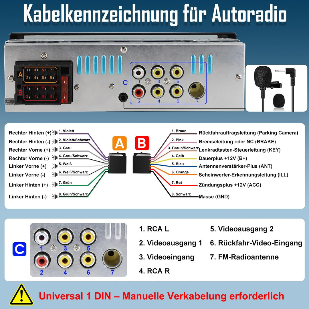 1 DIN Autoradio mit Wireless CarPlay &amp; Android Auto, 6,36 Zoll Auto Radio mit Bildschirm, Rückfahrka