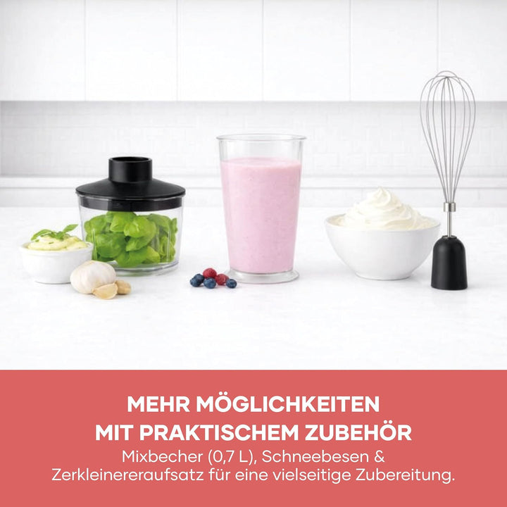 Severin 4-in-1 Stabmixer inkl. 700ml Mix- & Messbecher, Schneebesen, Zerkleineraufsatz, Mixstab, abn