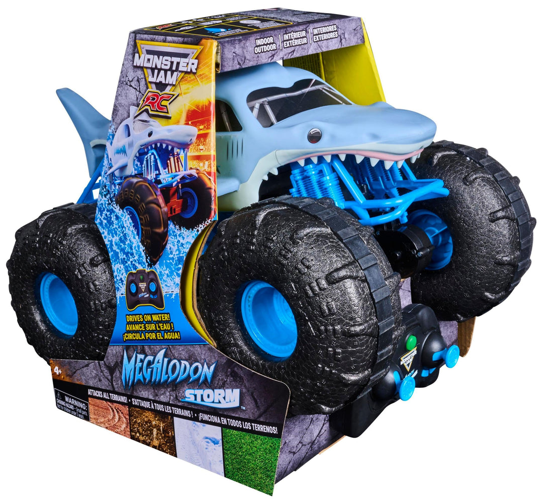 Monster Jam Megalodon Storm, RC Truck, Amphibienfahrzeug in Hai-Optik für Land und Wasser, Massstab