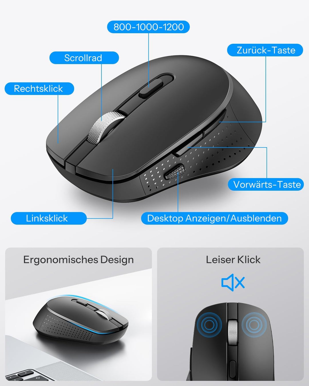 OMOTON Tastatur Maus Set Kabellos, Funktastatur und Maus 2,4 GHz in Voller Grösse, QWERTZ Deutsches