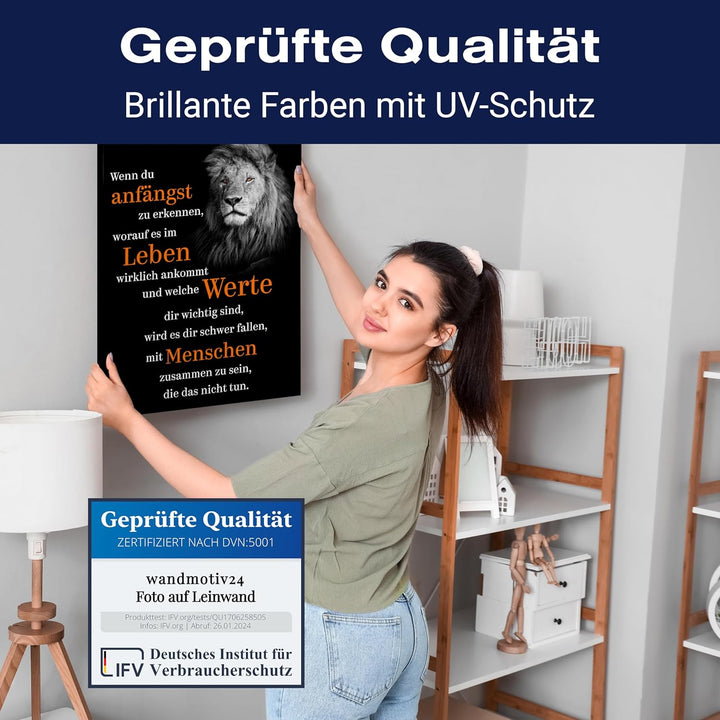 wandmotiv24 Motivations Motiv als Leinwandbild, 100x75cm, Hochformat, welche Werte, Löwe, Orange, Sc