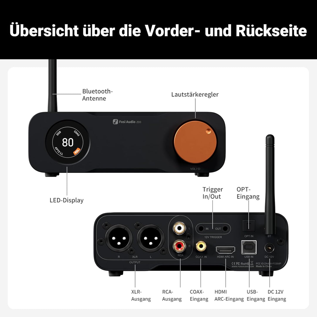 Fosi Audio ZD3 Desktop DAC Preamp, Fully Balanced DA Wandler mit ES9039Q2M für Heim-Stereo-Verstärke