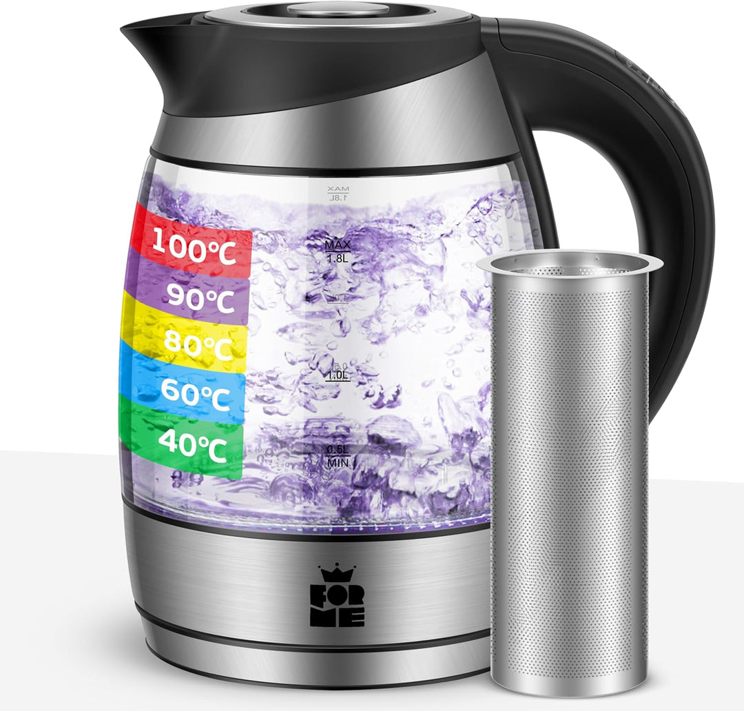 FOR ME Glas Elektrischer Wasserkocher mit Teesieb 1,8L, Temperatureinstellung, Temperaturwahl 40°C b
