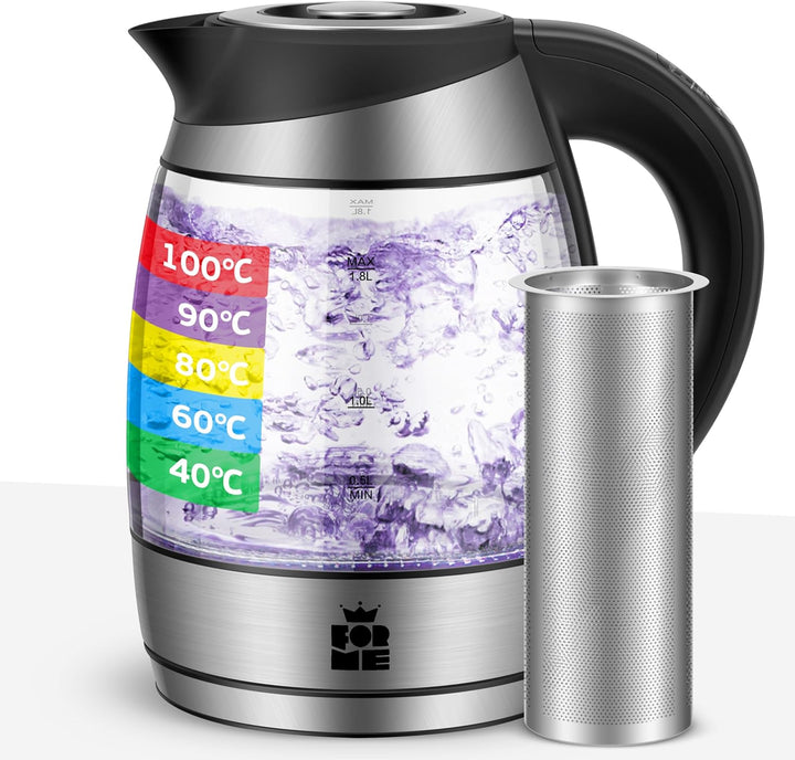 FOR ME Glas Elektrischer Wasserkocher mit Teesieb 1,8L, Temperatureinstellung, Temperaturwahl 40°C b