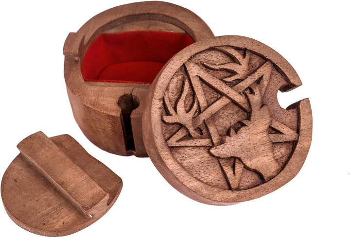 WINDALF Zauberdose CERNUNNOS Ø 9 cm Hirsch & Pentagramm Schmuckdose Handarbeit aus Holz