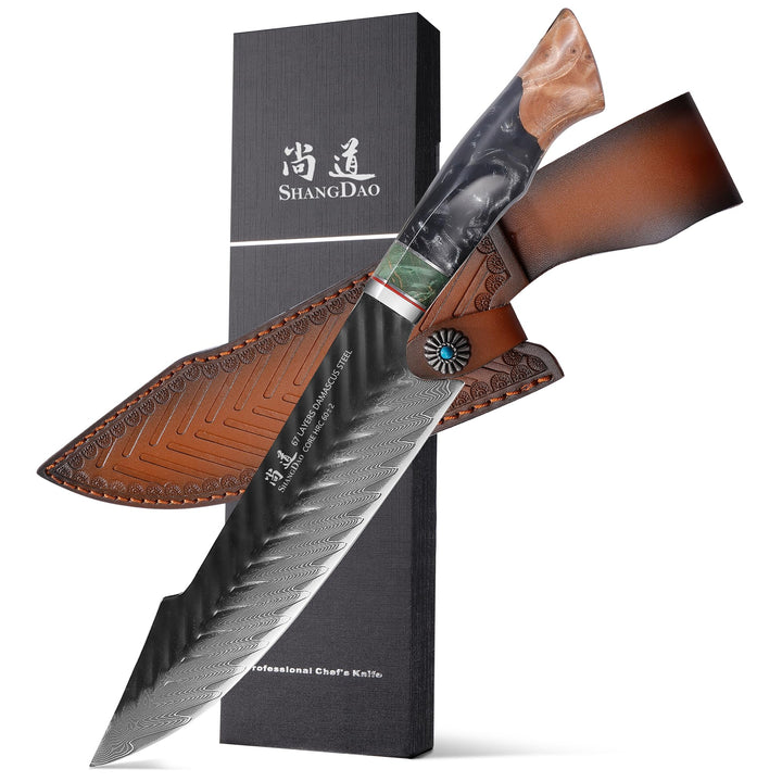 SHANGDAO Damaskus Kochmesser Küchenmesser mit Lederscheide, 20 cm, 67 Schichten Legierter Stahl 10Cr