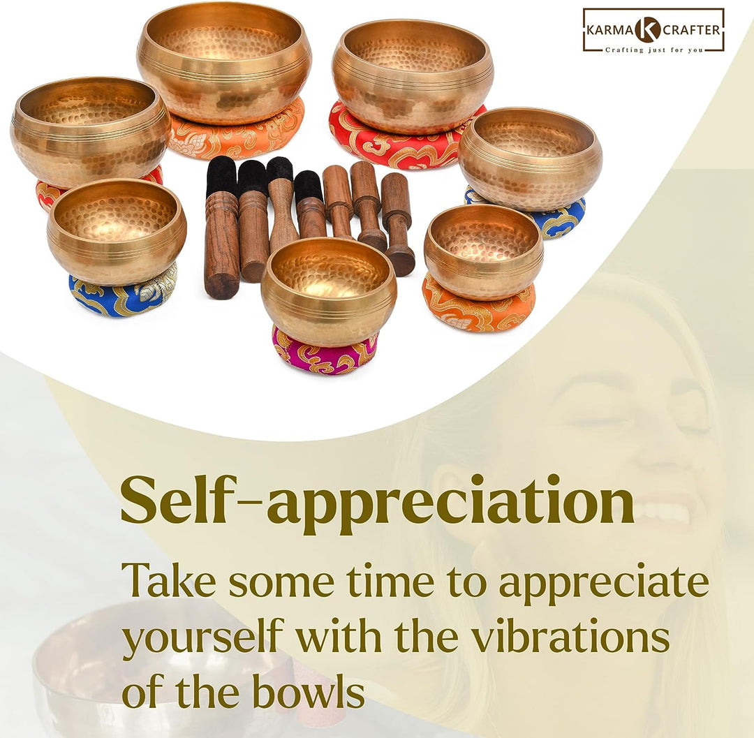 Authentische tibetische Klangschale aus 7 Planeten, handgehämmertes Design, 15.2 cm Schlägel und Kis