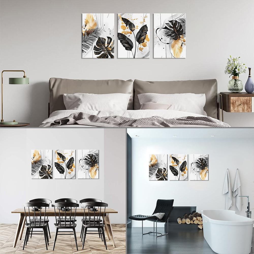 Piy Painting Modern Leinwand Wandbilder, Botanisch Blätter Leinwand Wandkunst, Schwarz Gold Weiss Ei