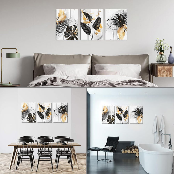Piy Painting Modern Leinwand Wandbilder, Botanisch Blätter Leinwand Wandkunst, Schwarz Gold Weiss Ei