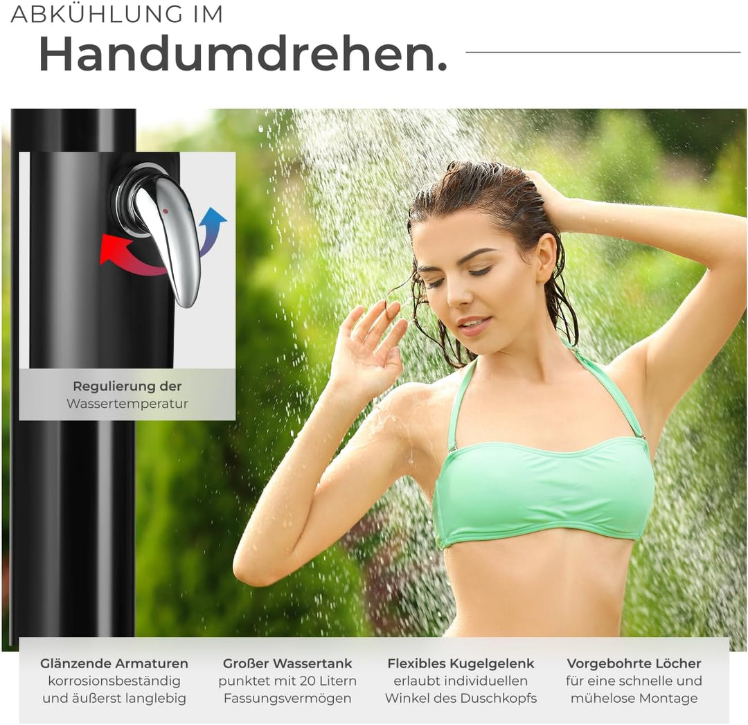 tectake® Gartendusche mit Duschkopf gross und Wasserhahn für Füsse, Solardusche 20l, solar Shower Au