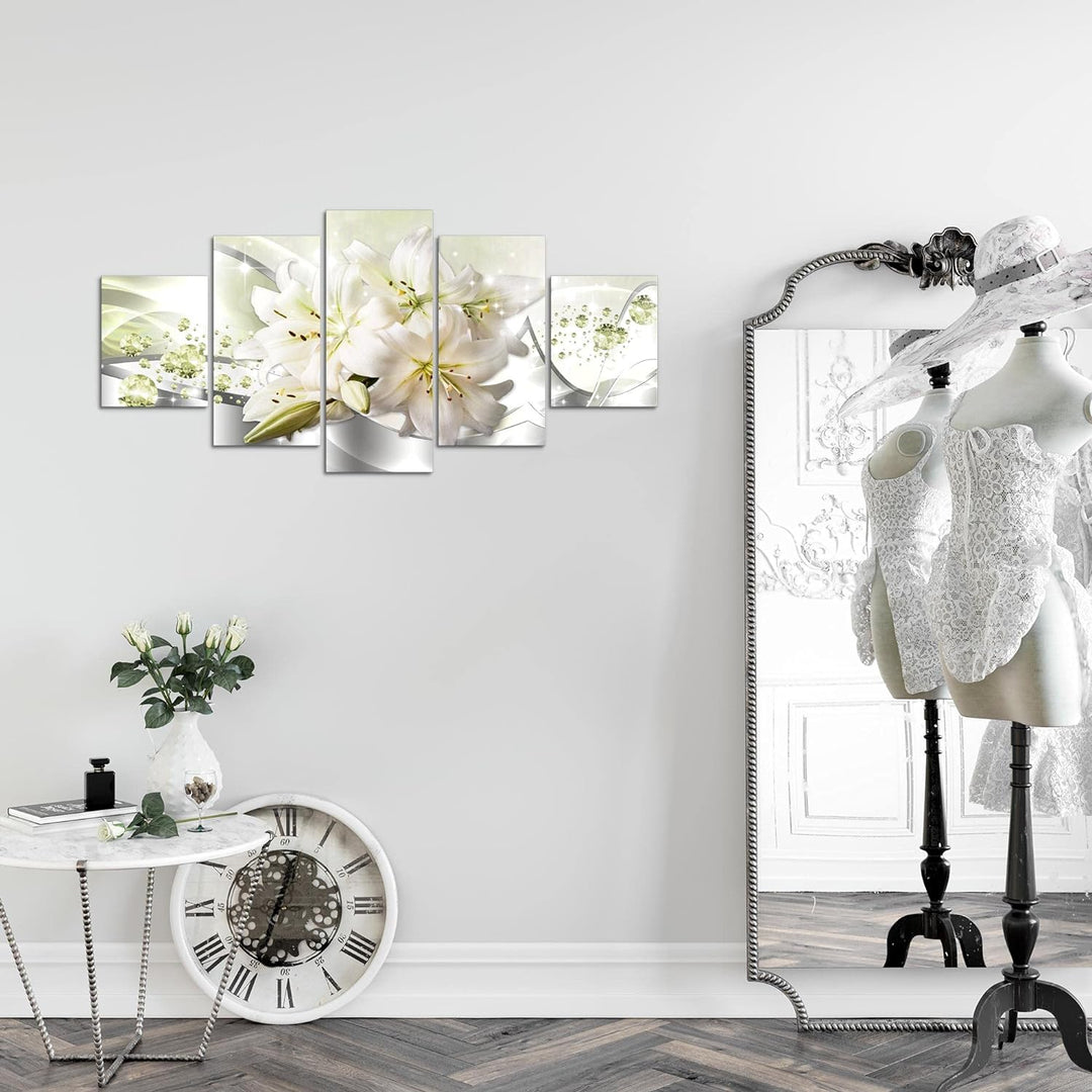 Runa Art Wandbilder Blumen Lilien 5 Teilig Bild auf Vlies Leinwand Deko Wohnzimmer Abstrakt Grau Grü