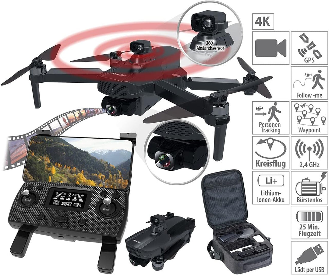 Simulus Drone: Faltbare GPS-Drohne, 4K-Cam, 360°-Abstandssensor, Brushless-Motor, App (Quadcopter, Q