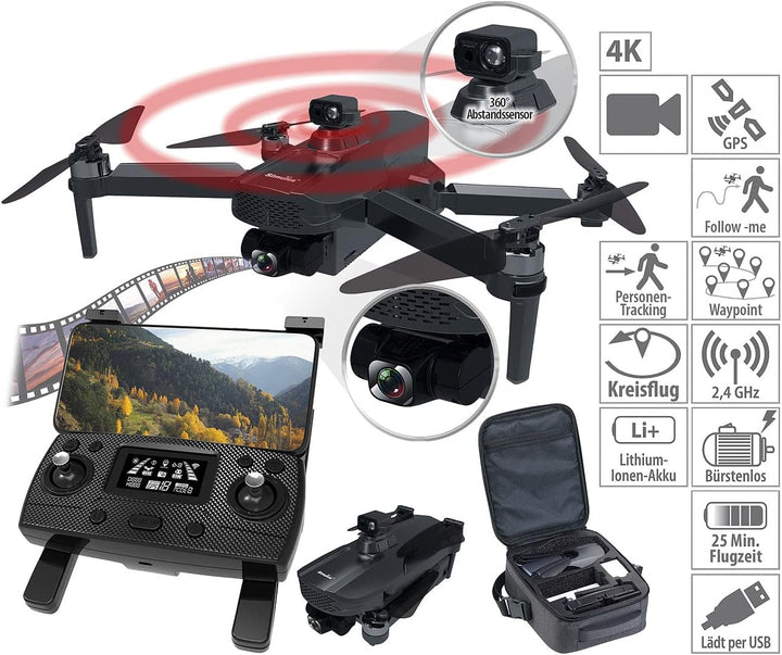 Simulus Drone: Faltbare GPS-Drohne, 4K-Cam, 360°-Abstandssensor, Brushless-Motor, App (Quadcopter, Q