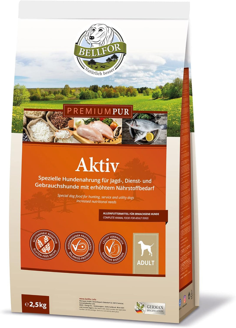 Bellfor Futterset für körperlich aktive Hunde Premium PUR Aktiv 2,5 kg Fitness Pulver 80g Soft-Snack